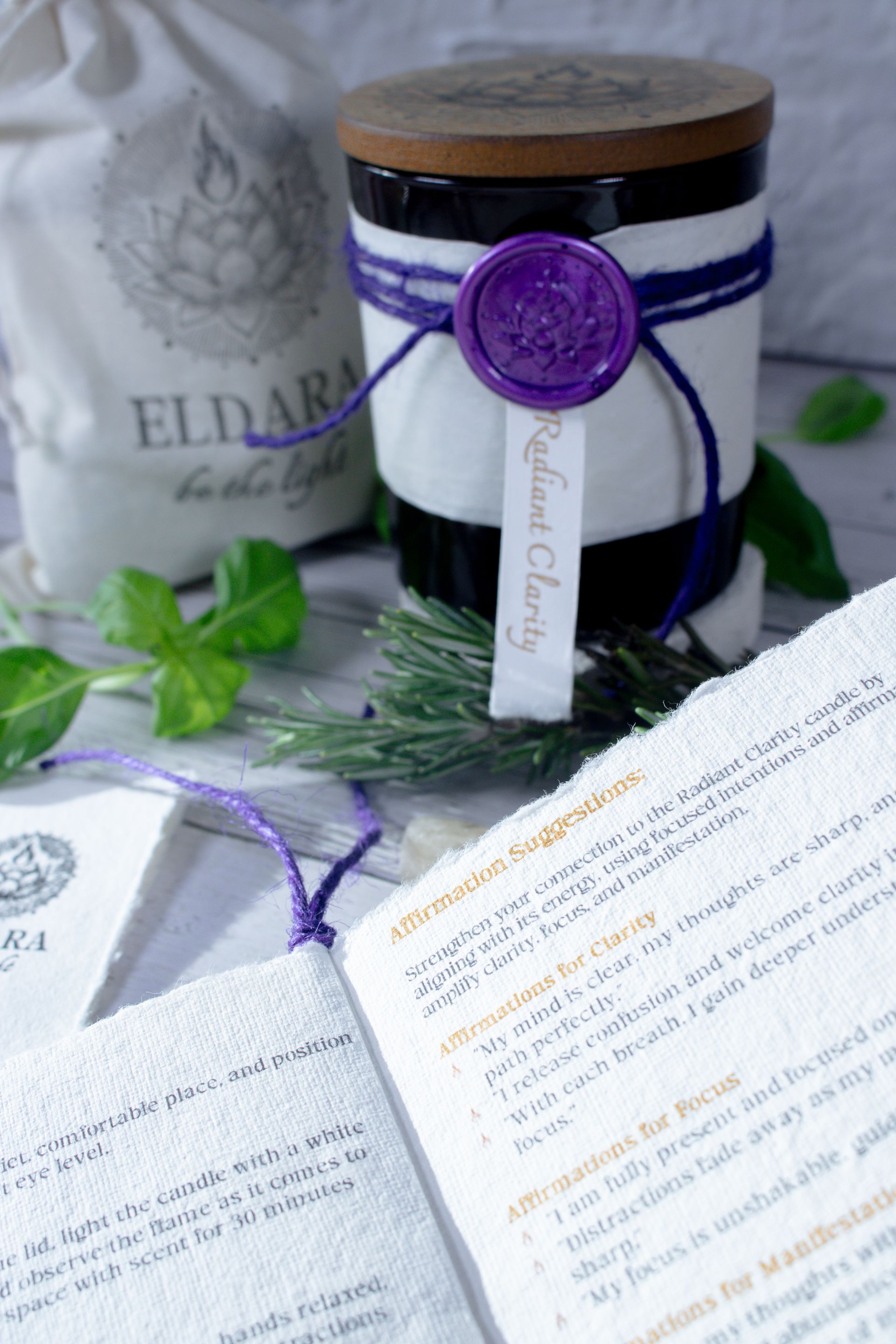 Close-up of an Eldara candle leaflet featuring affirmations and guidance—offered to support ritual, reflection and the sacred use of each candle.