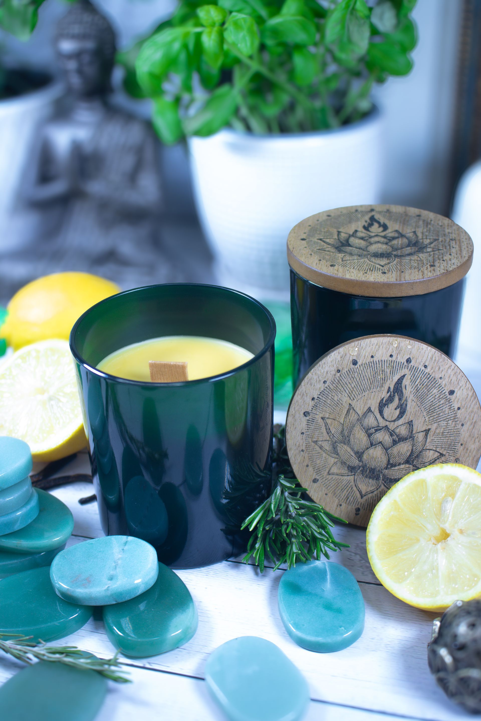 Open Boundless Abundance candle by Eldara, infused with green aventurine to invite growth, prosperity, and spiritual flow. A ritual candle to support manifestation.