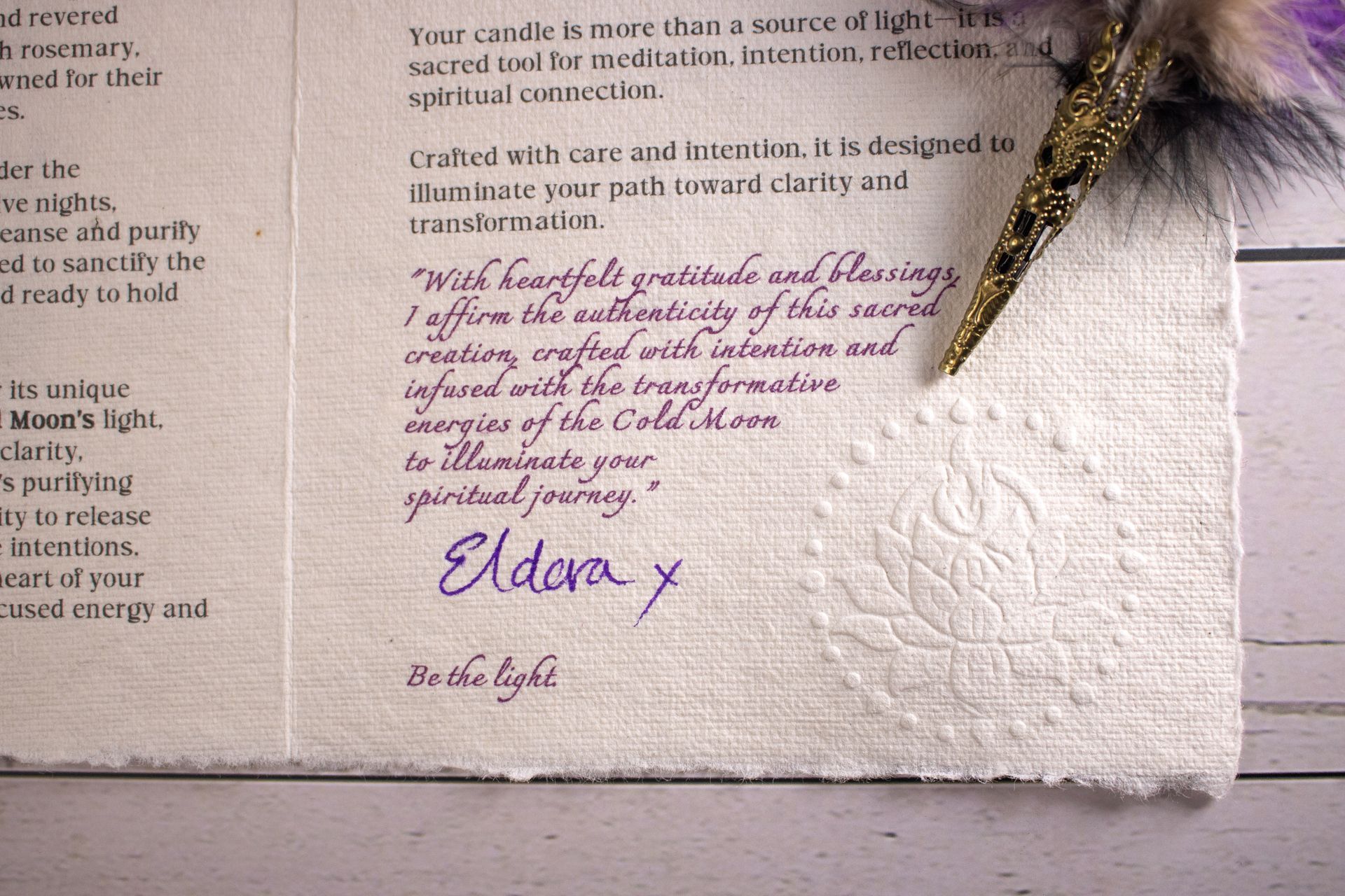 Close-up of Eldara’s certificate of authenticity, included with each candle to honour its handmade, ritual-infused creation and spiritual purpose.