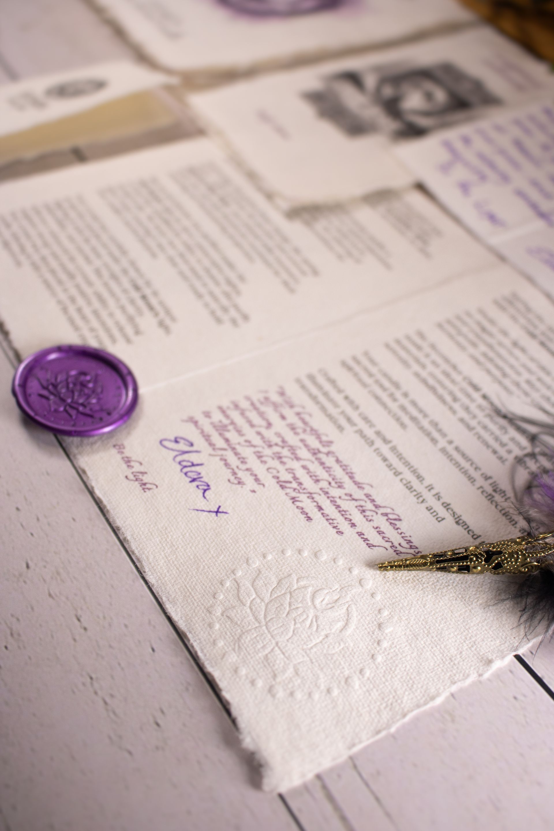Close-up of an Eldara leaflet, featuring spiritual guidance, affirmations, and ritual instructions to enhance the use of our handmade candles and spiritual tools.