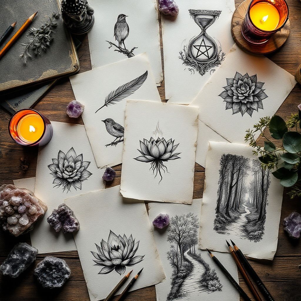 Table filled with Eldara hand-drawn pen and ink illustrations, created with intention as inspiration for spiritual greeting cards and sacred artwork.