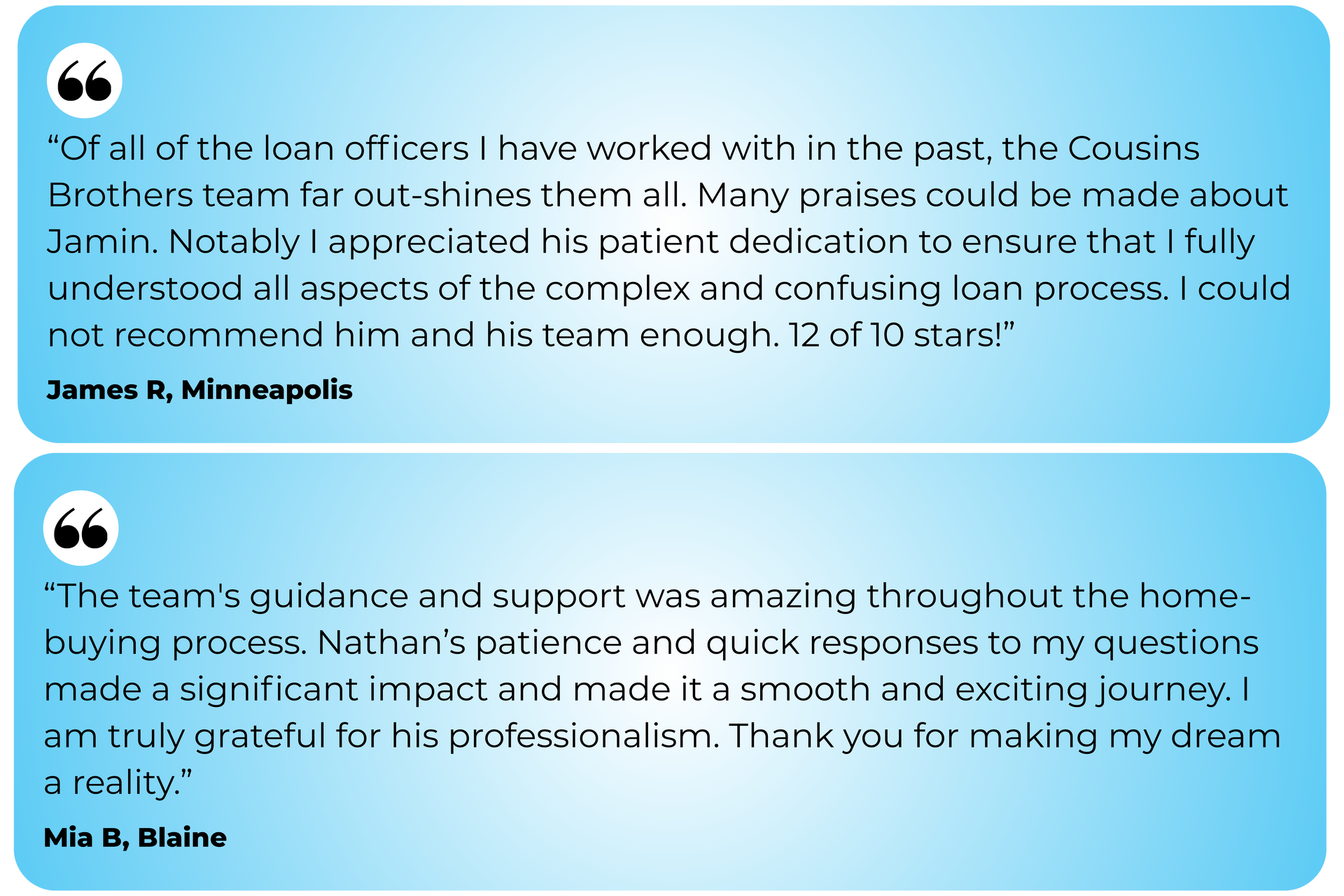 Testimonials about loan officers; Cousins Brothers team, with quotes from James R. Minneapolis and Mia B. Blaine.