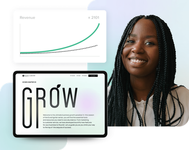 a woman is smiling in front of a screen that says grow