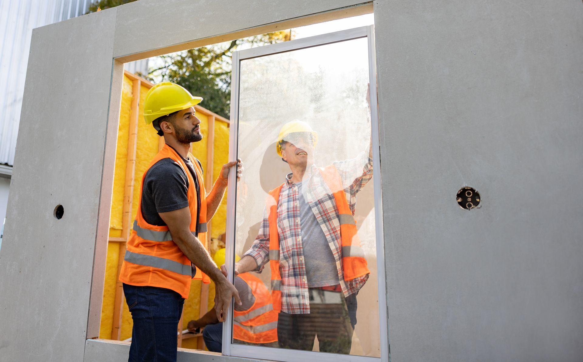 Workers install window frame in concrete wall at construction site.
