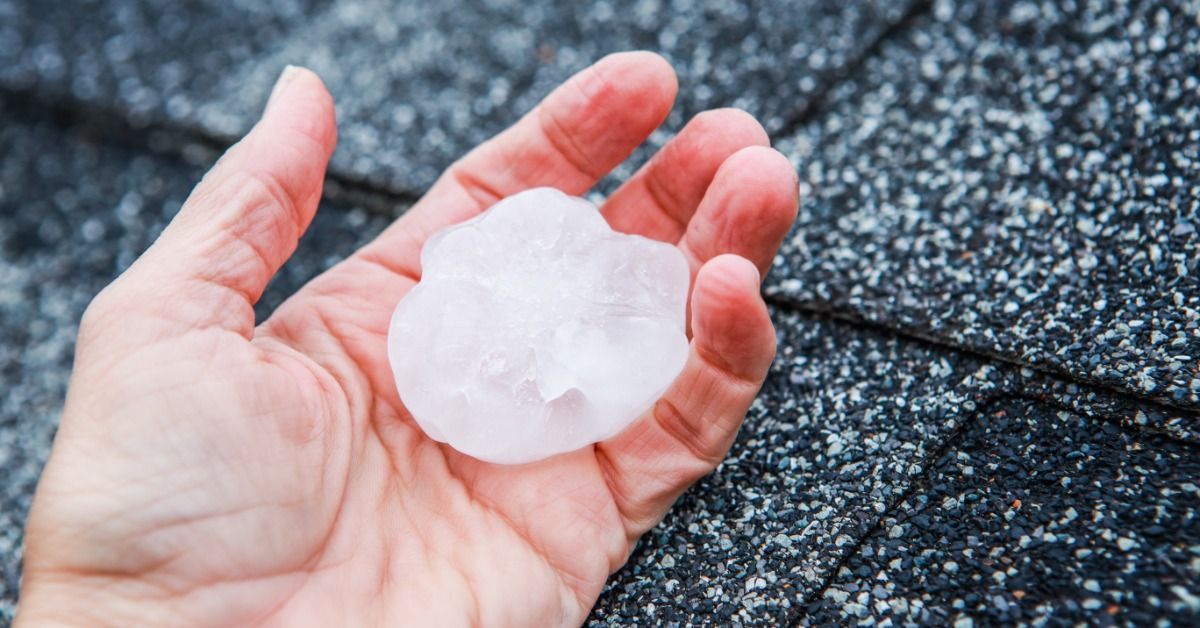 A hand holds a large, round hailstone above a dark asphalt shingle roof. The ball of hail is palm-sized.