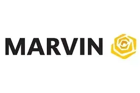 A marvin logo with a yellow rose on a white background.