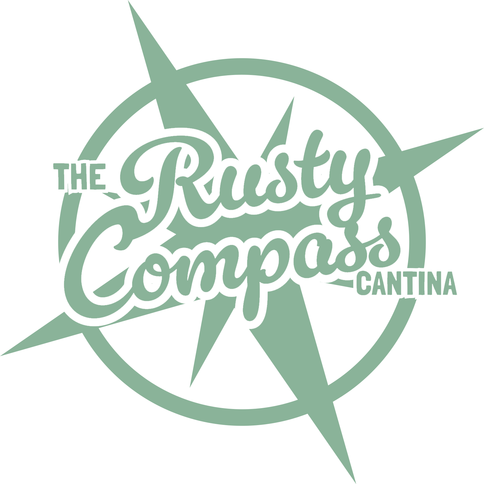 The rusty compass cantina logo is green and has a compass on it.