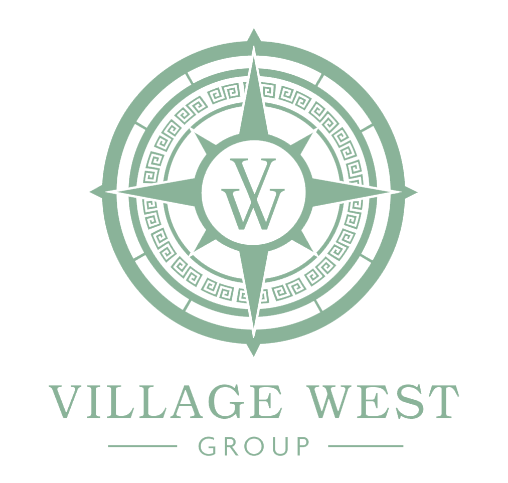 The logo for village west group is a compass with a letter w in the center.
