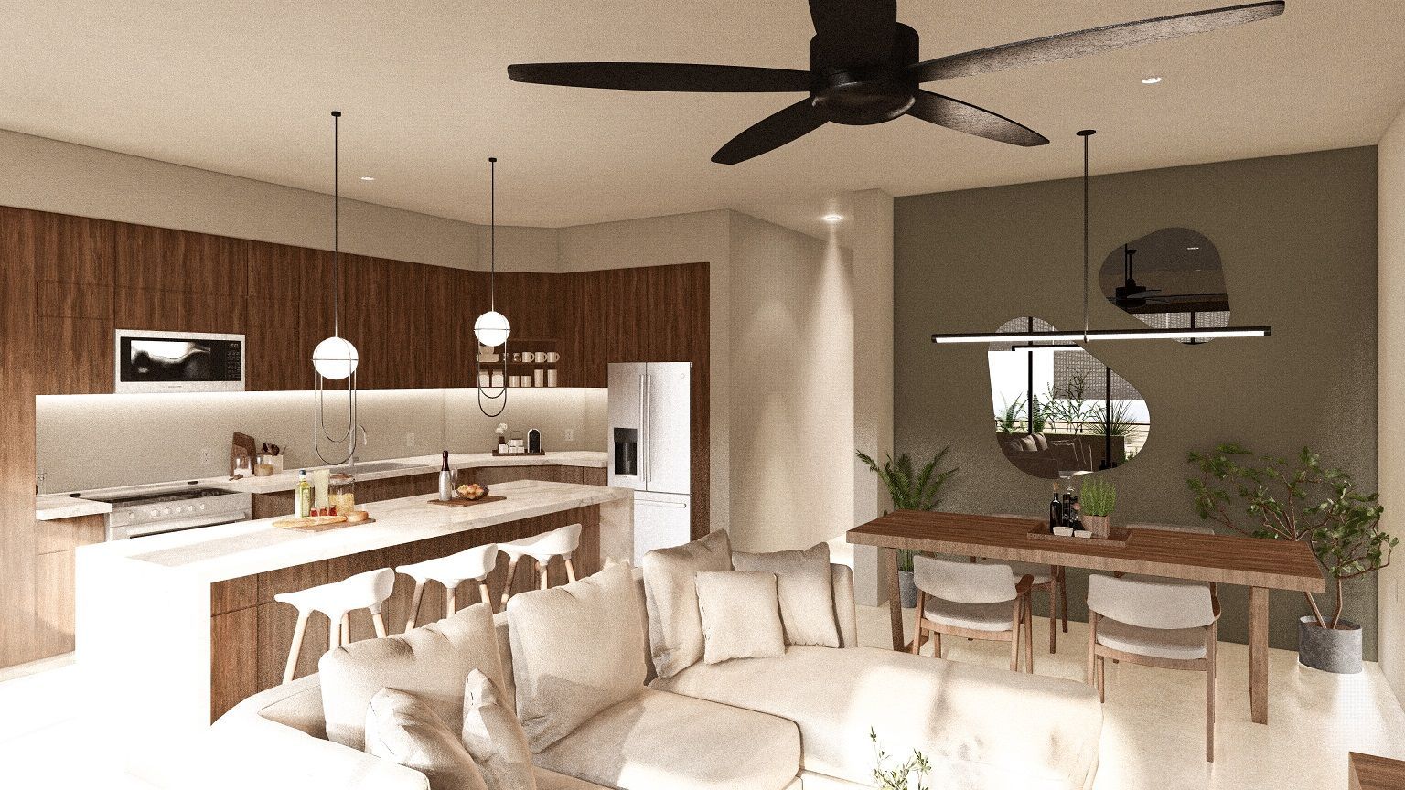 A living room with a couch , table , chairs and a ceiling fan.