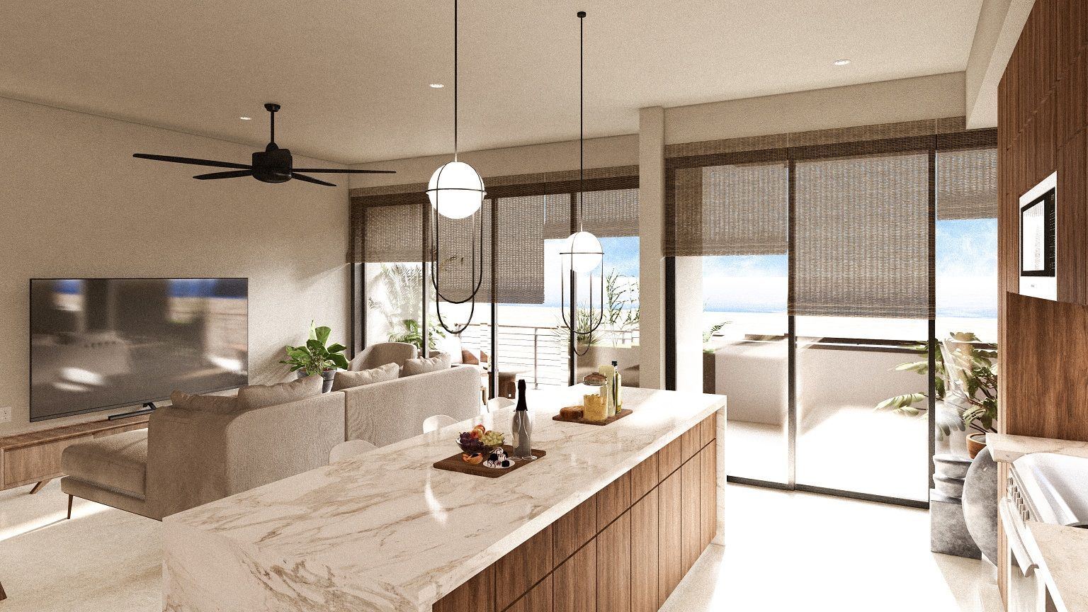 A kitchen with a large island and a ceiling fan.