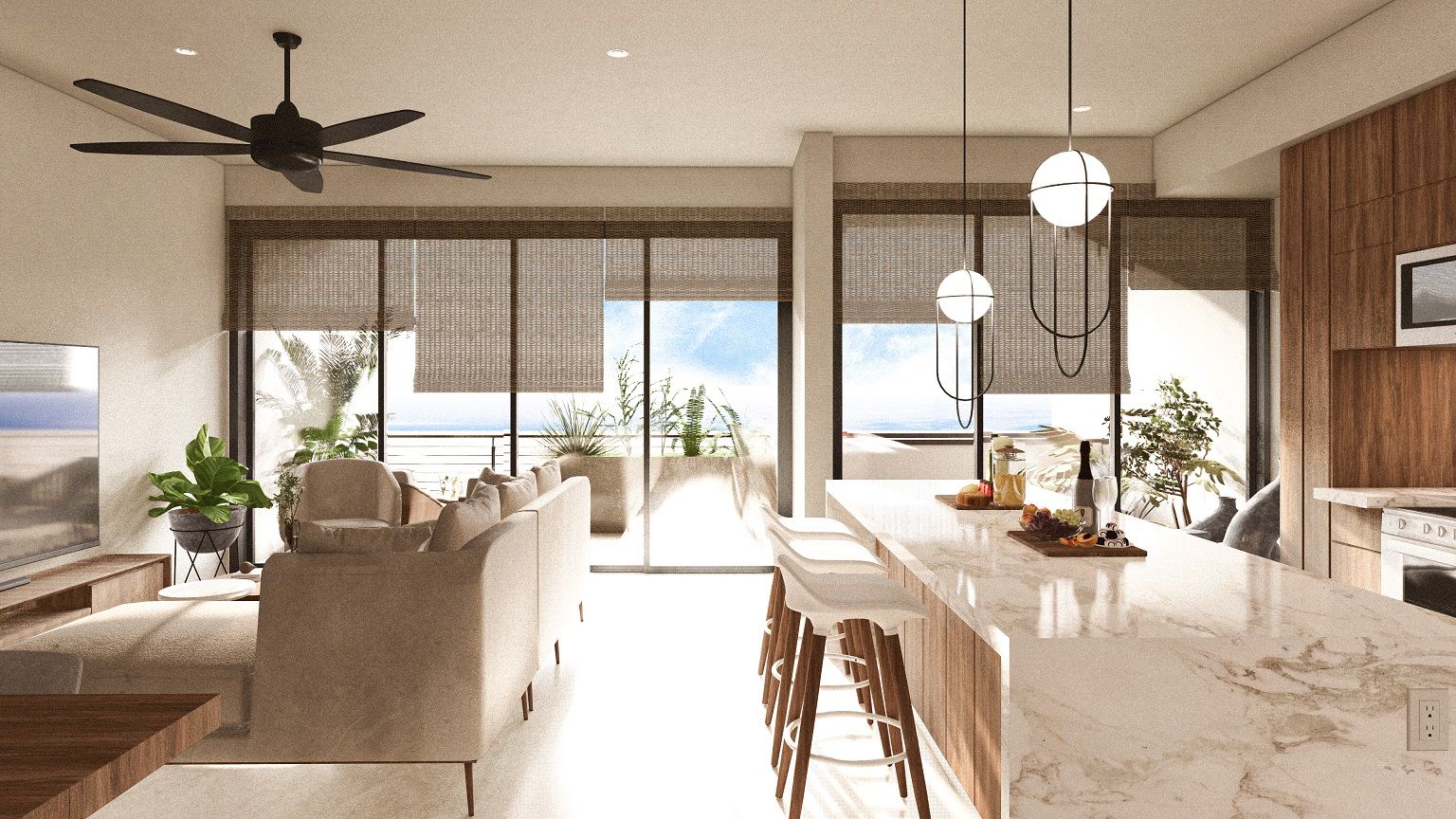 An artist 's impression of a living room and kitchen with a ceiling fan.