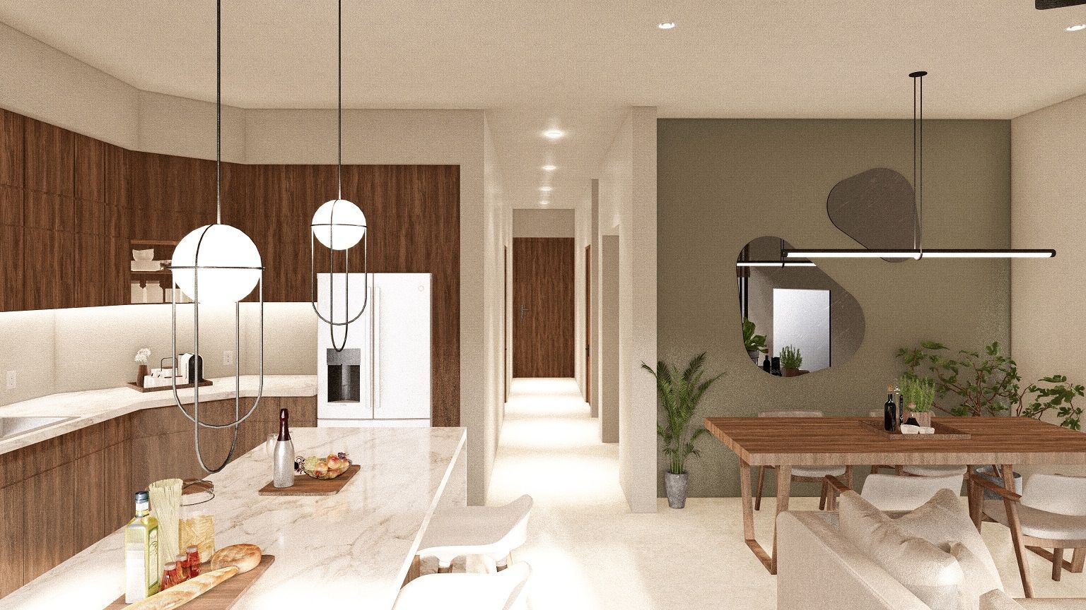 An artist 's impression of a kitchen and dining room in a house.