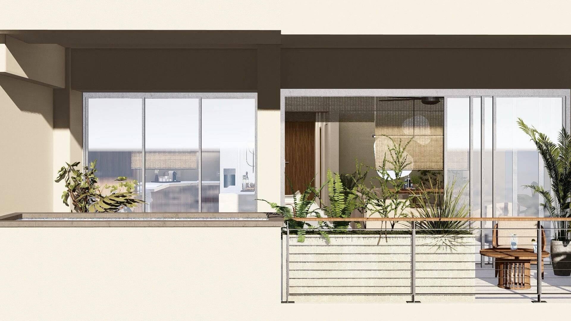 An artist 's impression of a house with a balcony and sliding glass doors.