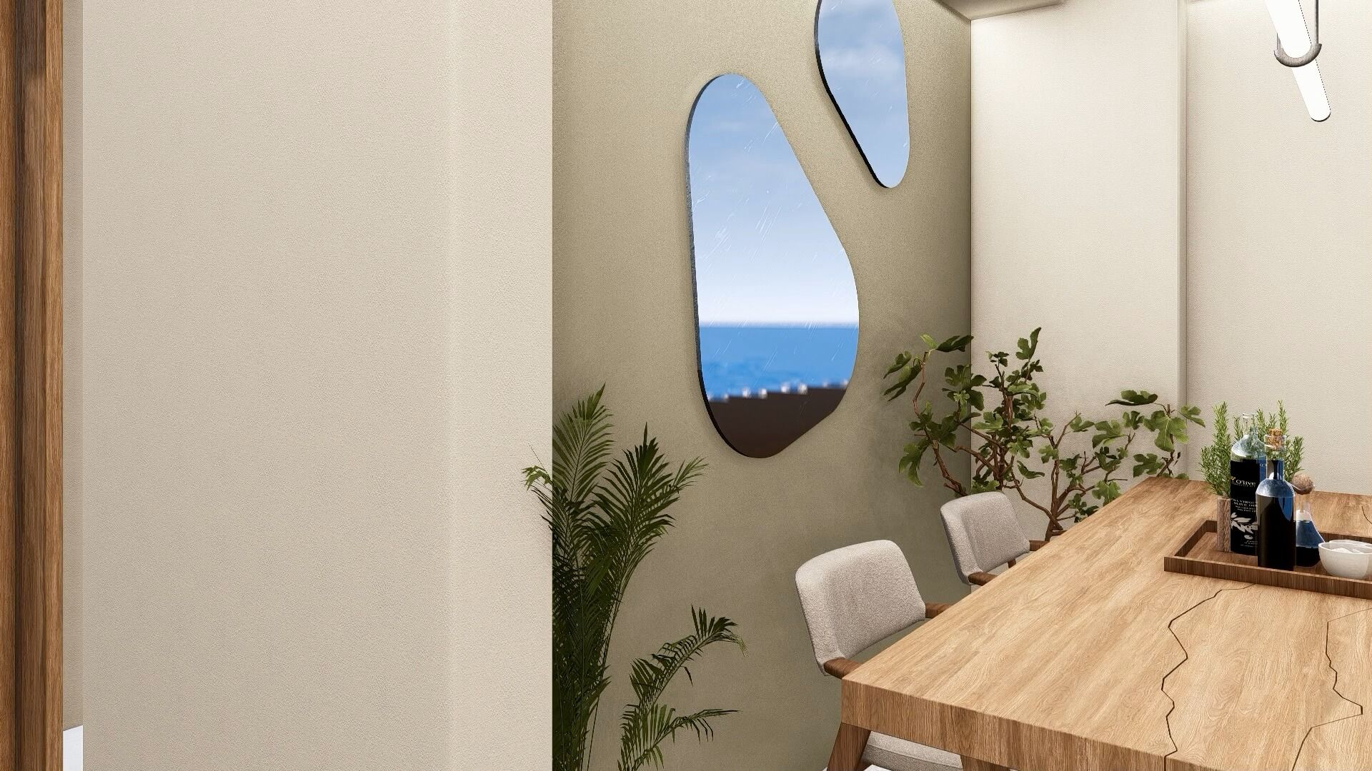 A dining room with a wooden table and chairs and a large mirror on the wall.