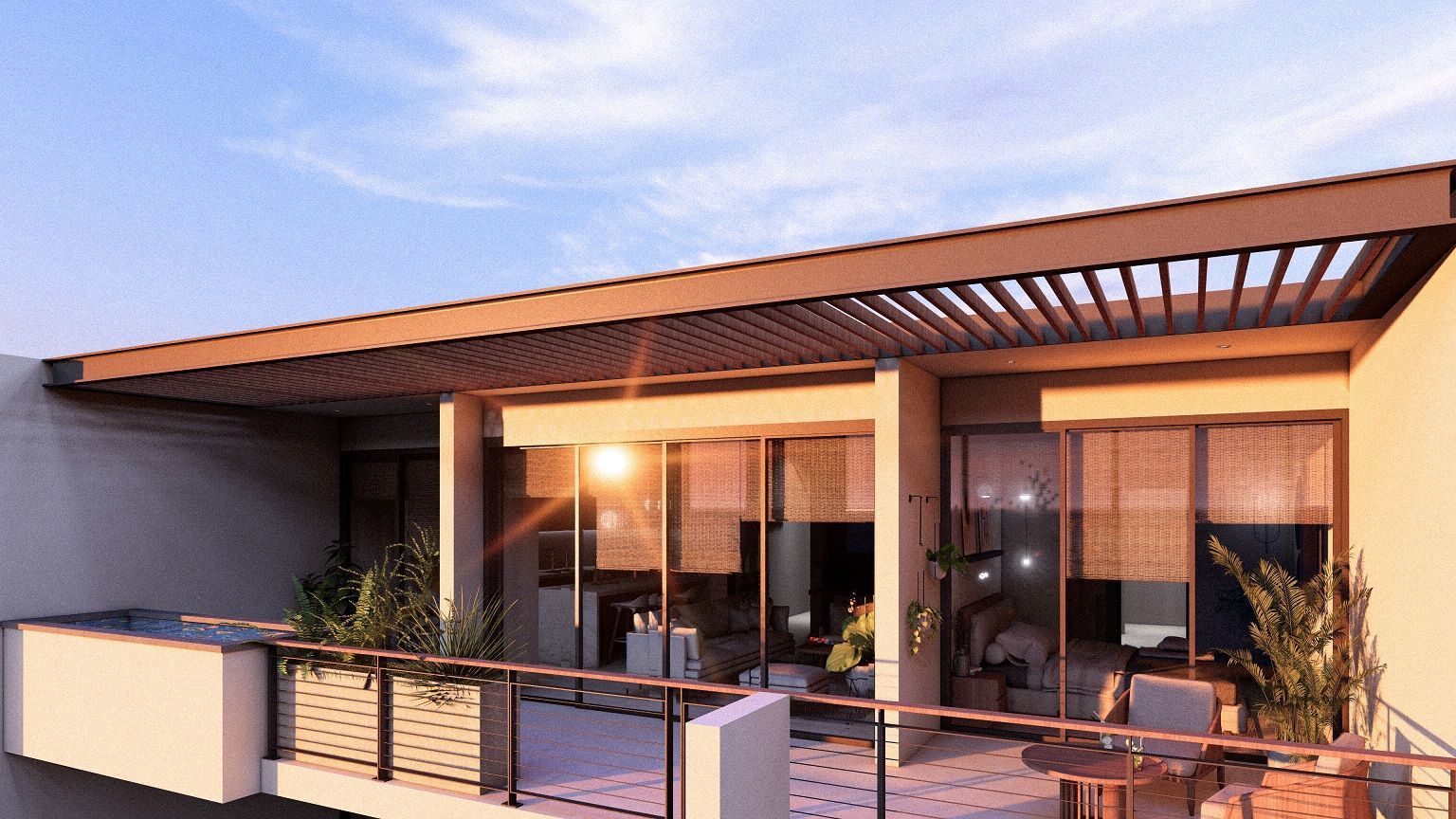 An artist 's impression of a house with a balcony and a pergola.