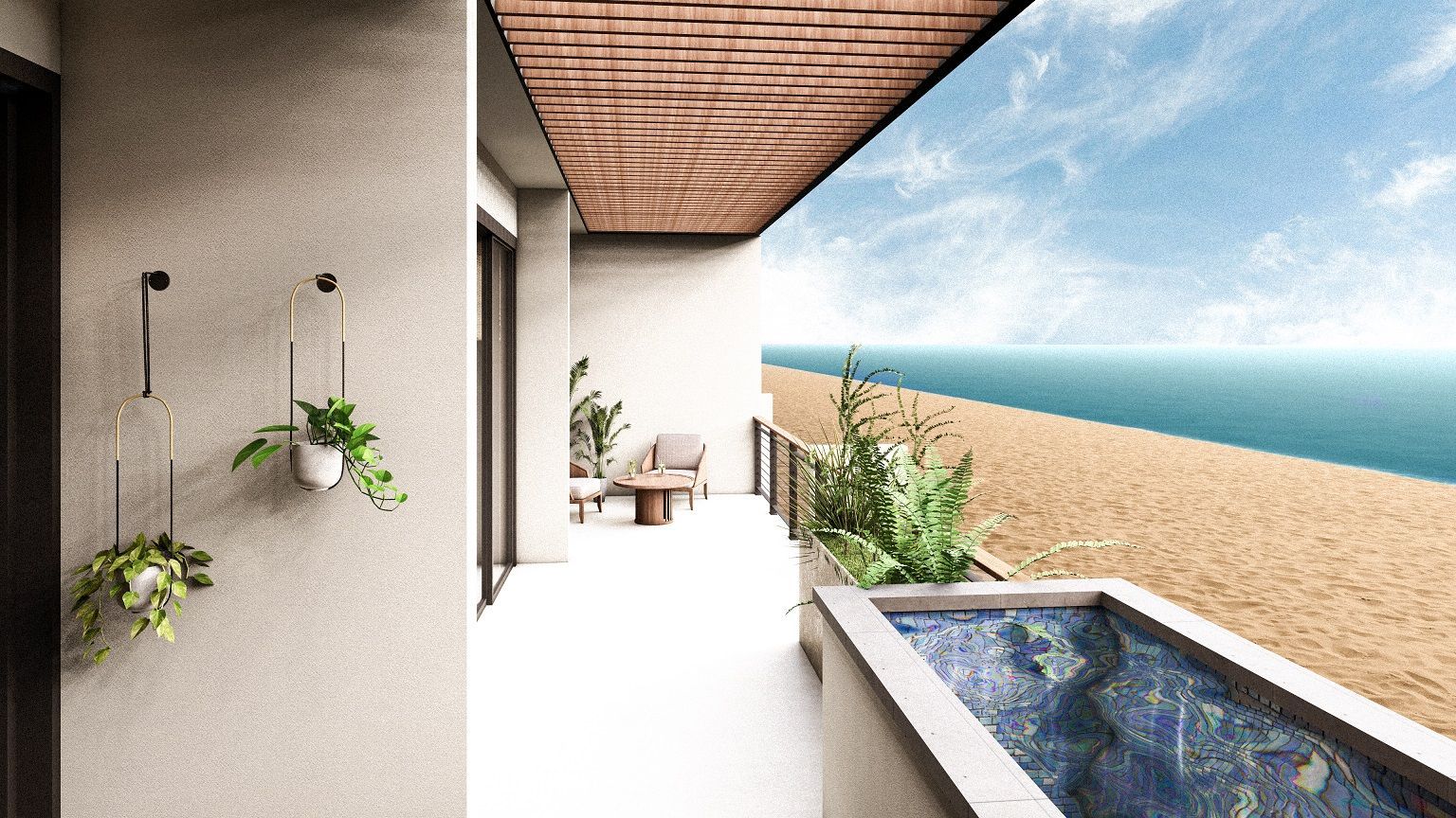 A balcony with a swimming pool and a view of the ocean.