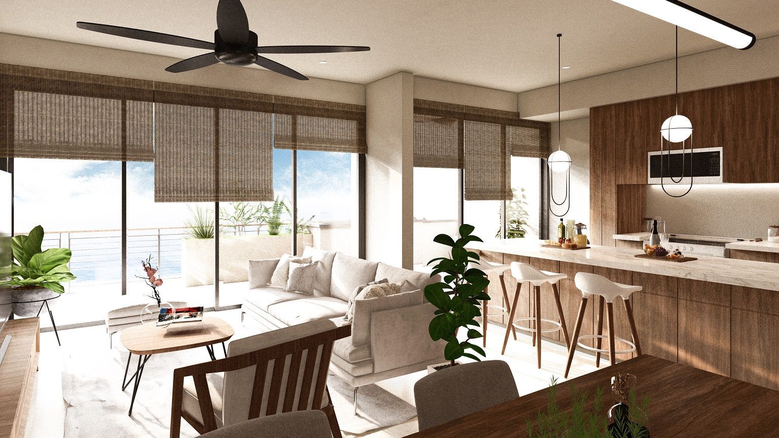 An artist 's impression of a living room and kitchen with a ceiling fan.