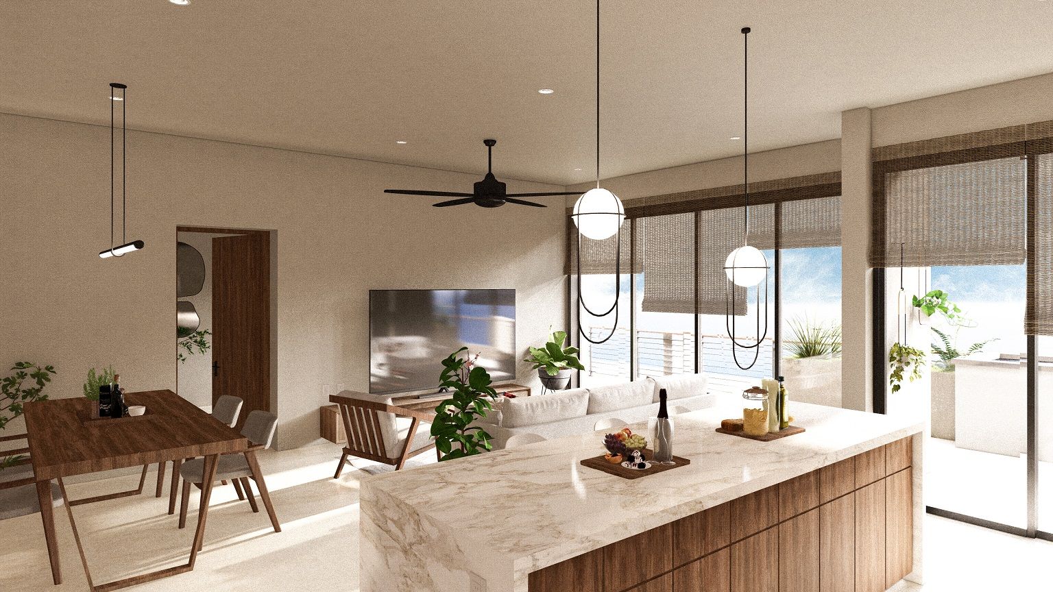 An artist 's impression of a living room and kitchen in a house.