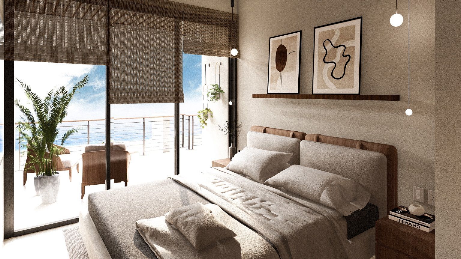 A bedroom with a large bed and a balcony overlooking the ocean.