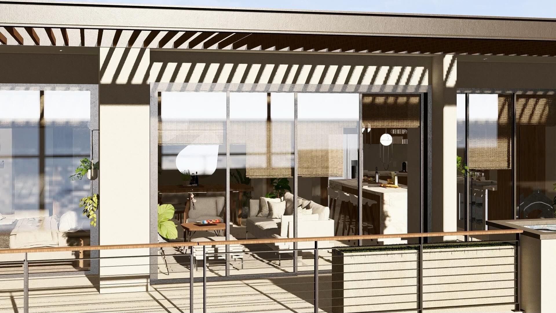 An artist 's impression of a balcony with a view of the ocean.