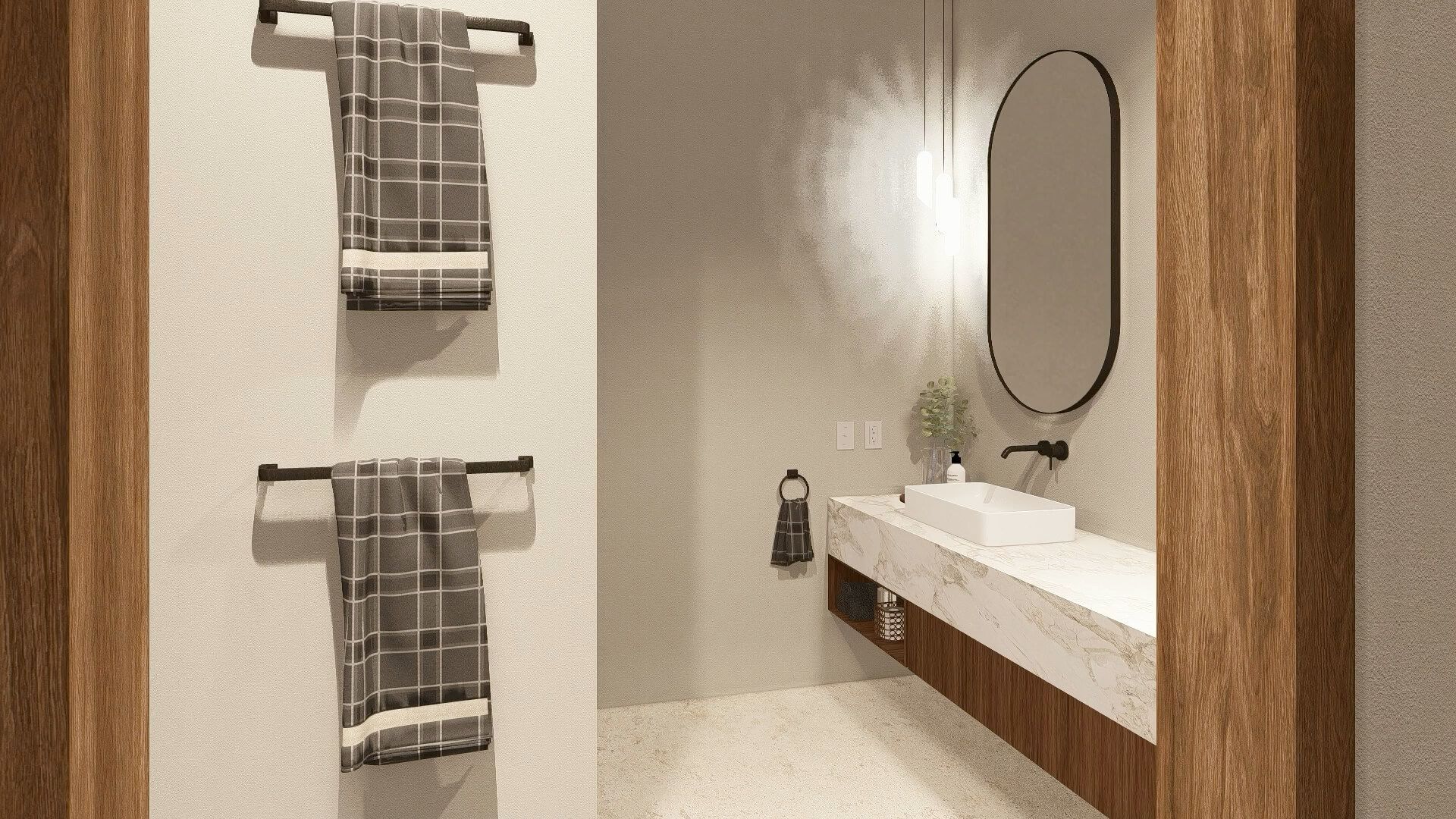 A bathroom with a sink , mirror and towel racks.