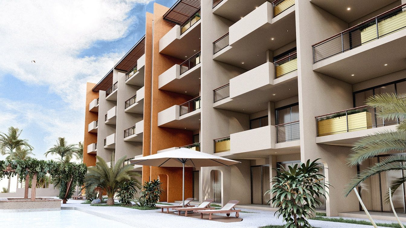 An artist 's impression of a building with a pool in the middle of it.