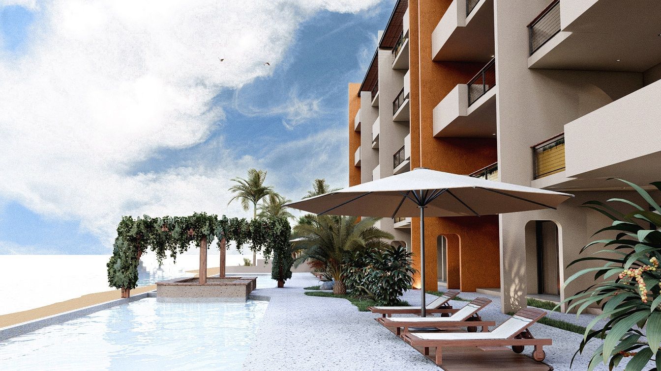 A swimming pool surrounded by chairs and umbrellas in front of a building