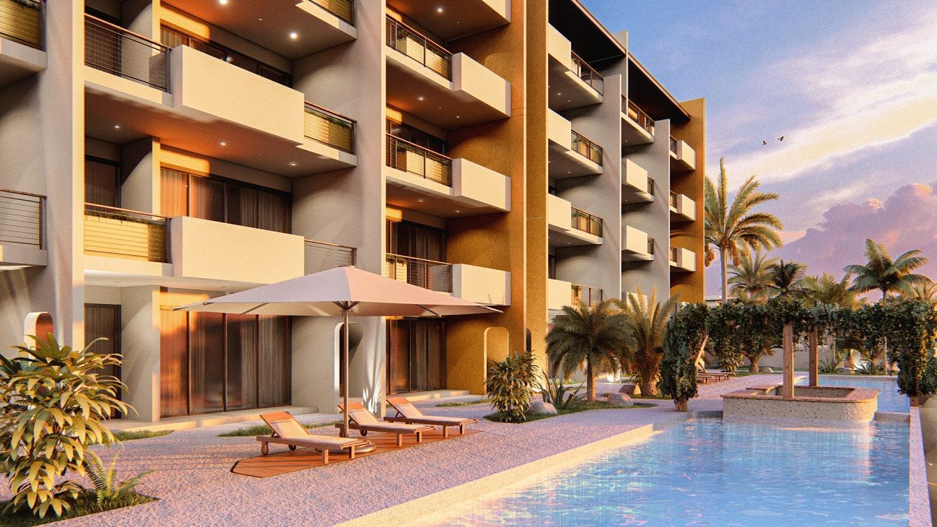 An artist 's impression of a swimming pool in front of a building.