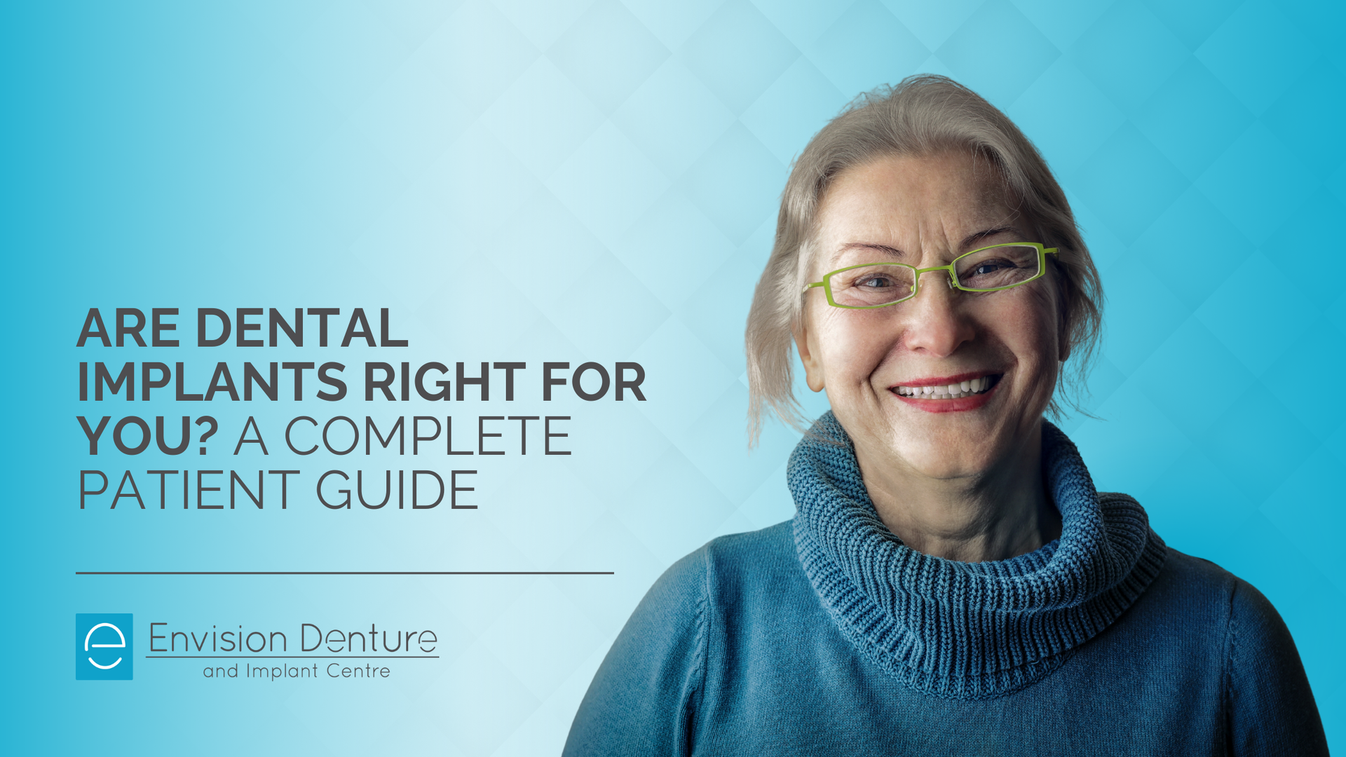 Smiling senior woman with glasses; text: 