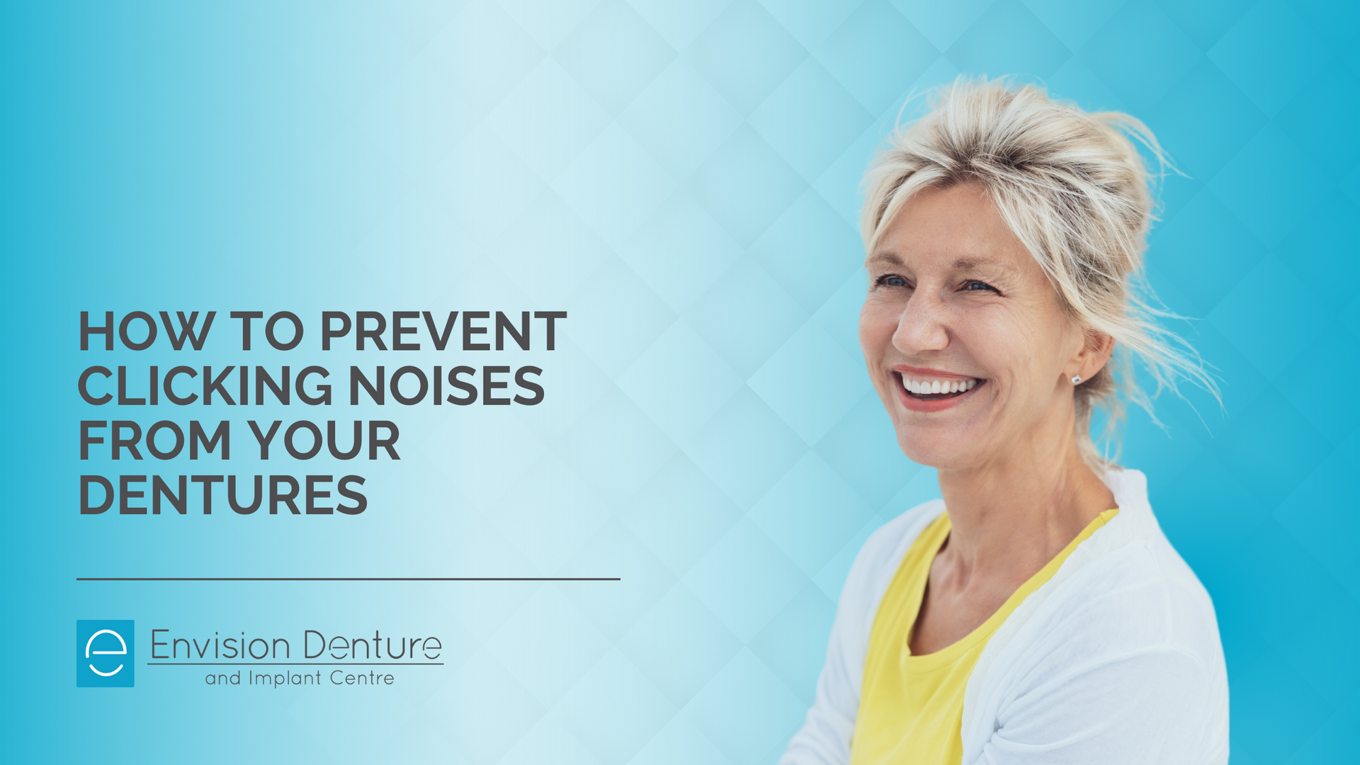 A woman is smiling and looking at the camera while wearing dentures.