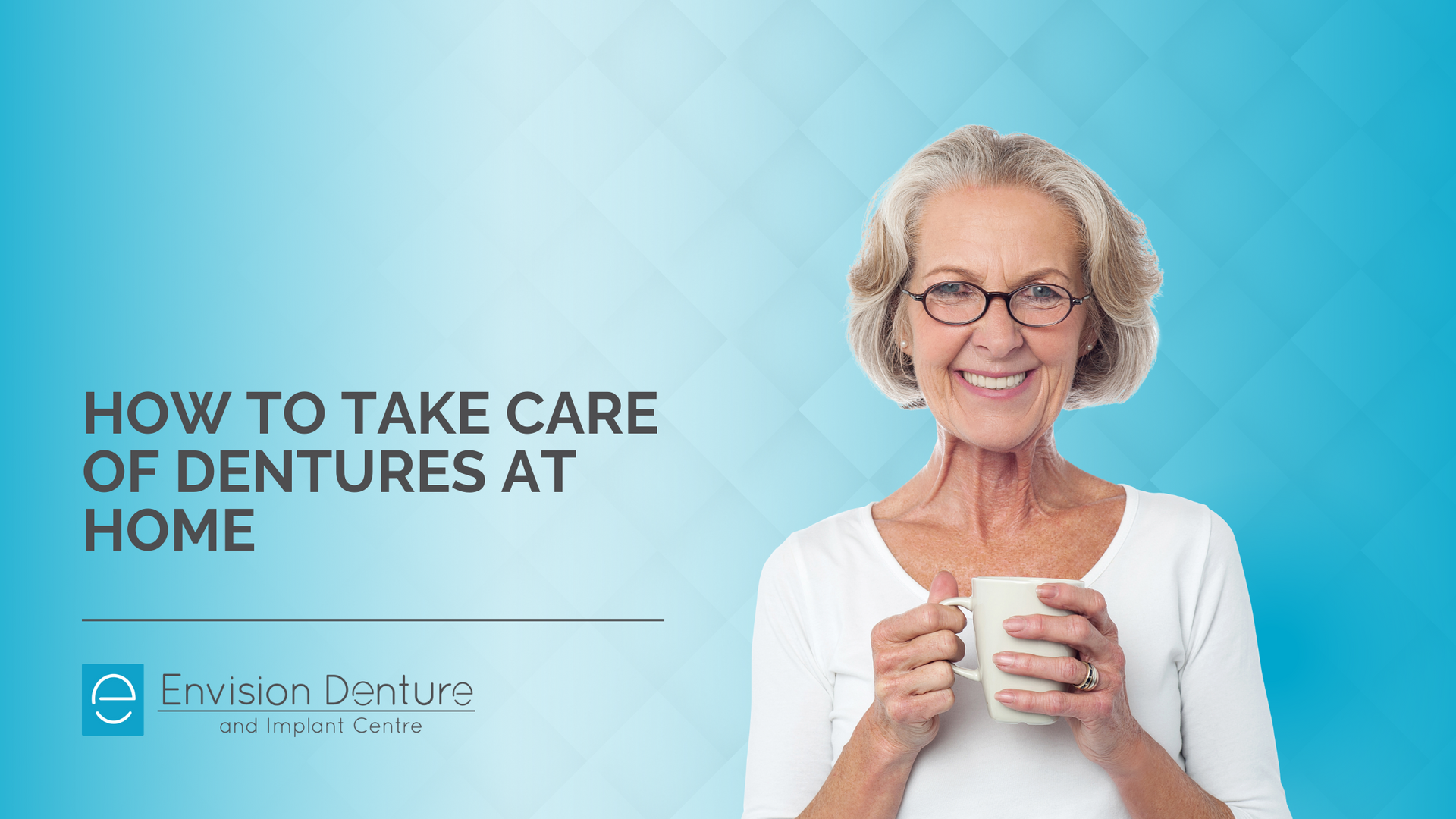 An elderly woman is holding a cup of coffee and smiling.