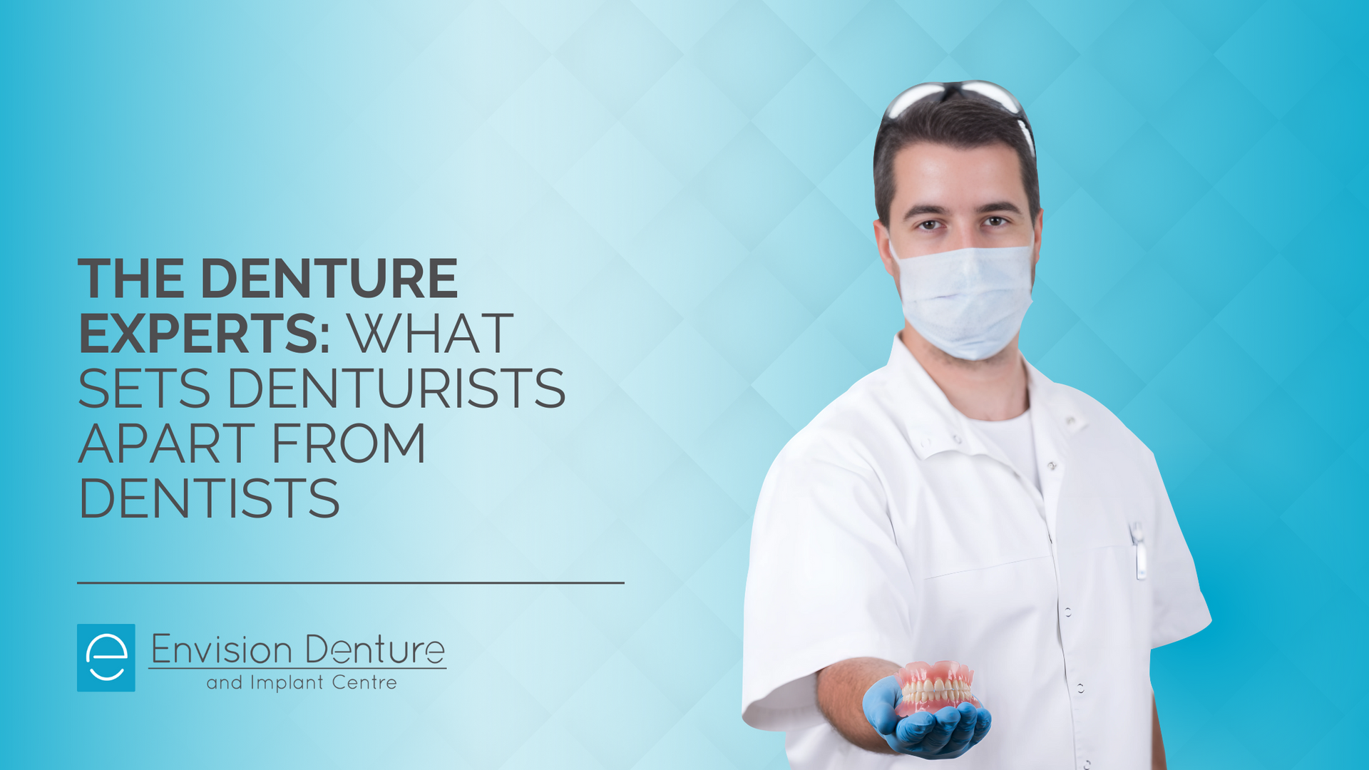 A dentist wearing a mask is holding a denture in his hand.