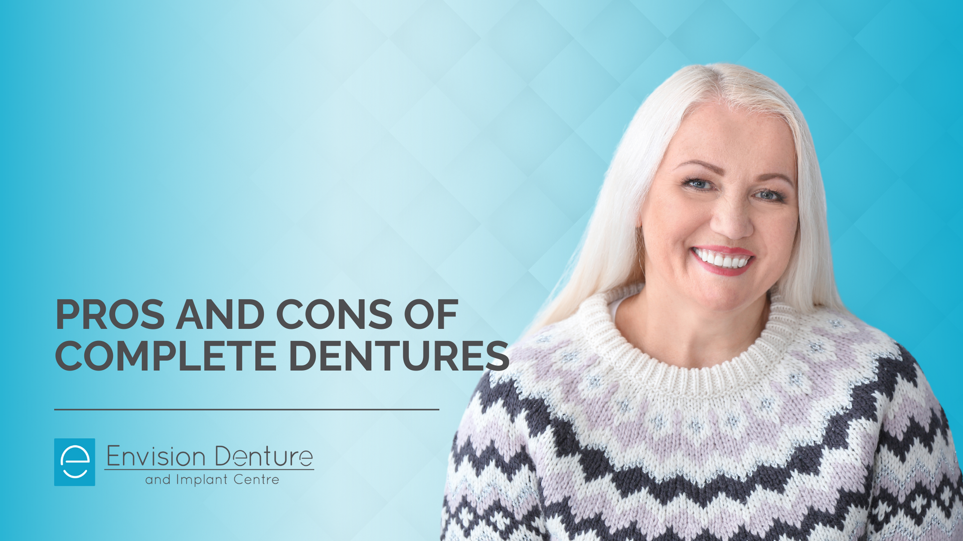 A woman in a sweater is smiling and talking about the pros and cons of complete dentures.