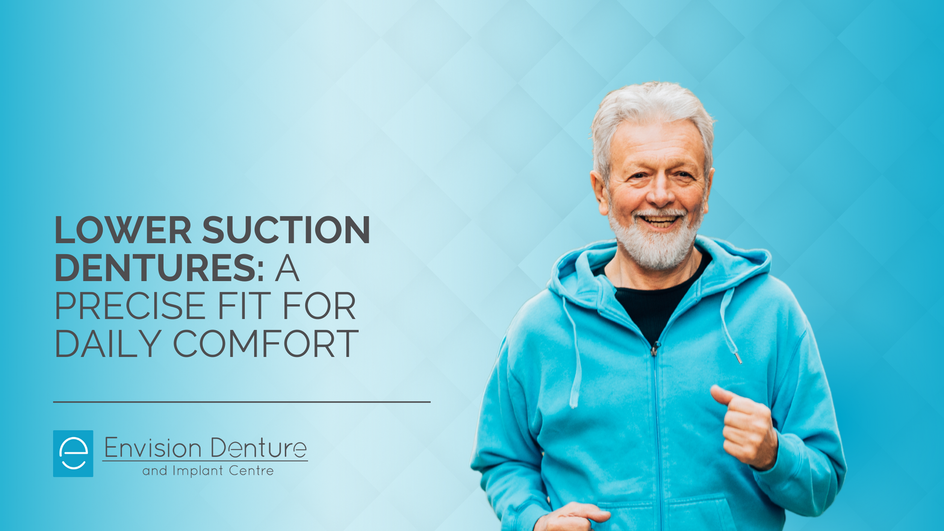 An older man in a blue hoodie is pointing at his dentures.