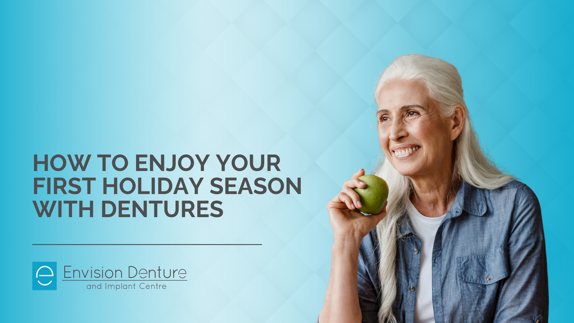 Woman with dentures smiles while holding an apple against a blue background with text