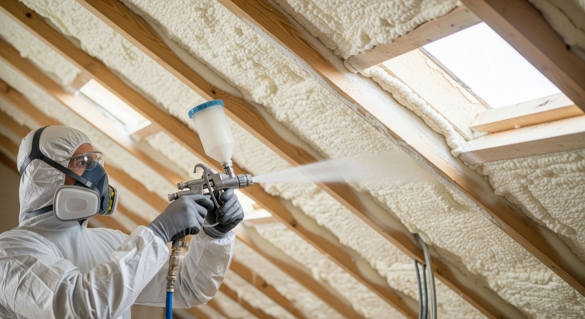 Worker installing expandable spray foam, highlighting foam insulation for walls and gaps. Worker installing expandable spray foam, highlighting foam insulation for walls and gaps.