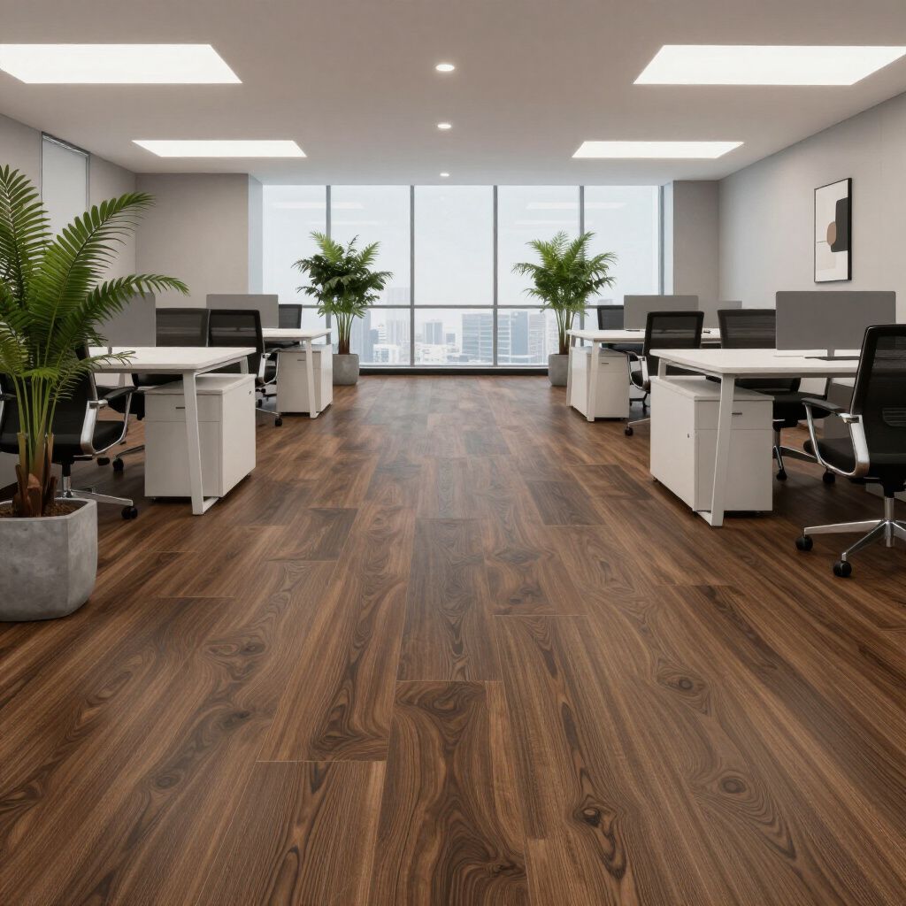 Modern office with wood floors, desks, chairs, potted plants, and city view through large windows.