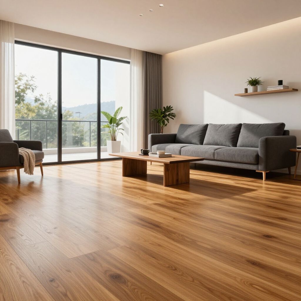 Living room with wood floors, gray sofa, and large window overlooking a balcony and trees.