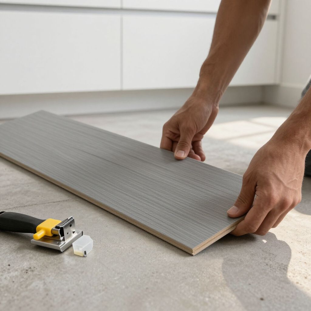 Person installing gray tile on a floor; a tile cutter sits nearby.