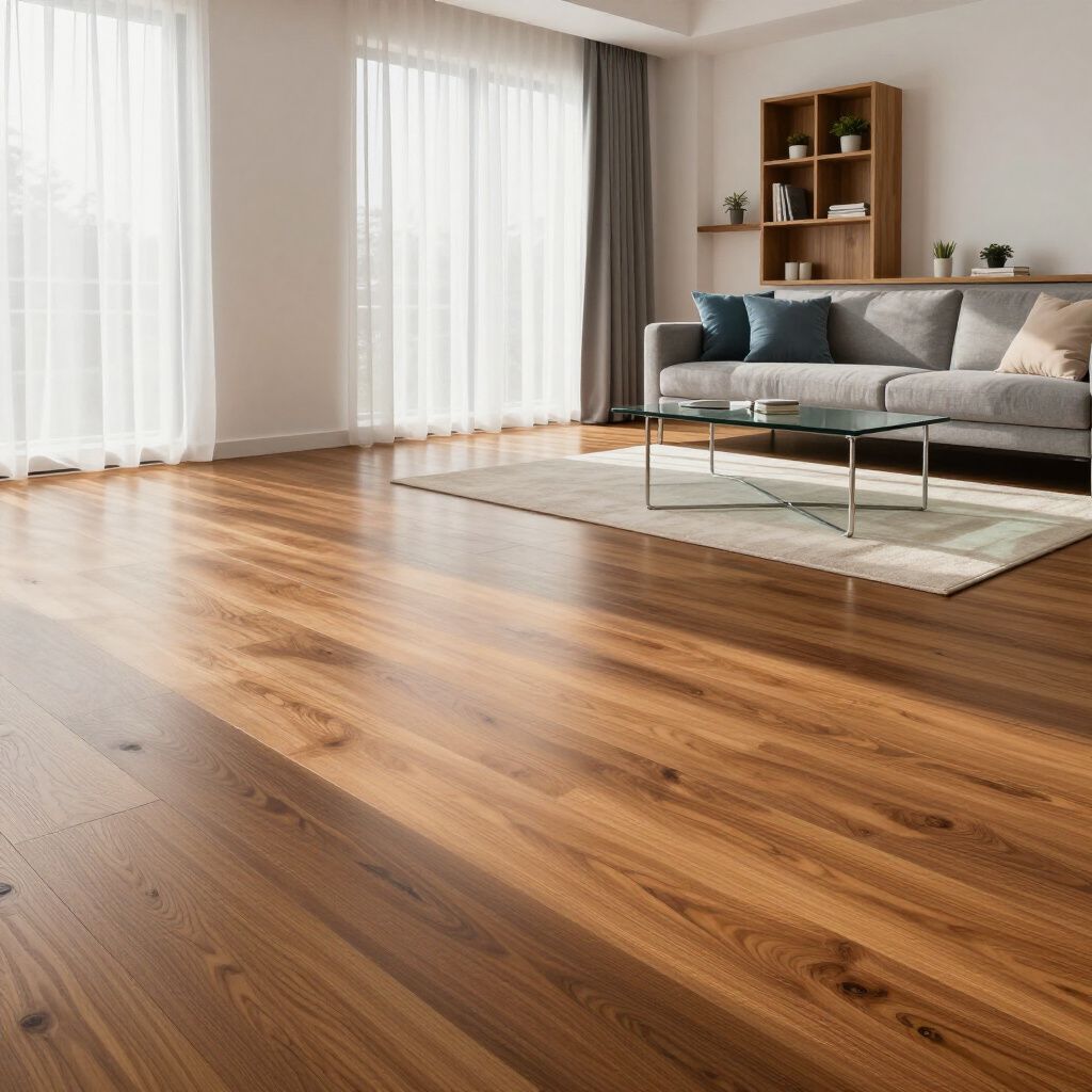 Living room with hardwood floors, sofa, and sheer curtains.