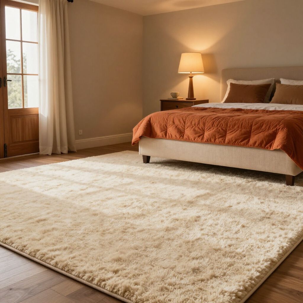 Beige shag rug in a bedroom with a bed, nightstand, and window.
