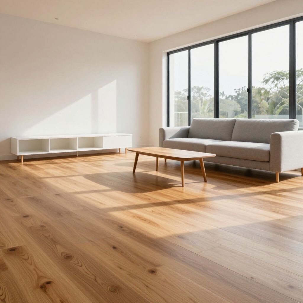Bright living room with wood floor, large windows, gray couch, and wooden coffee table.