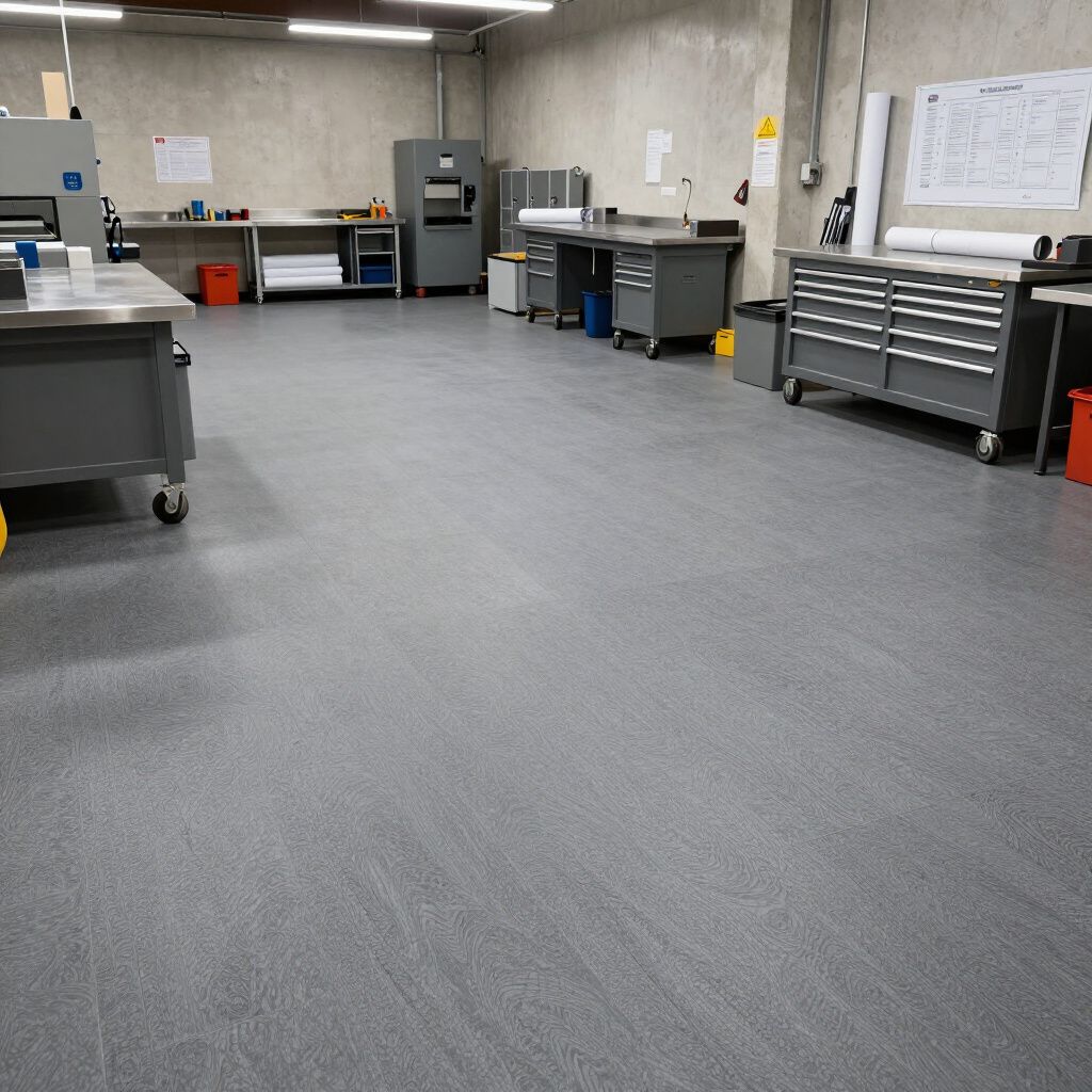 Gray industrial workshop with workbenches, equipment, and a smooth floor.