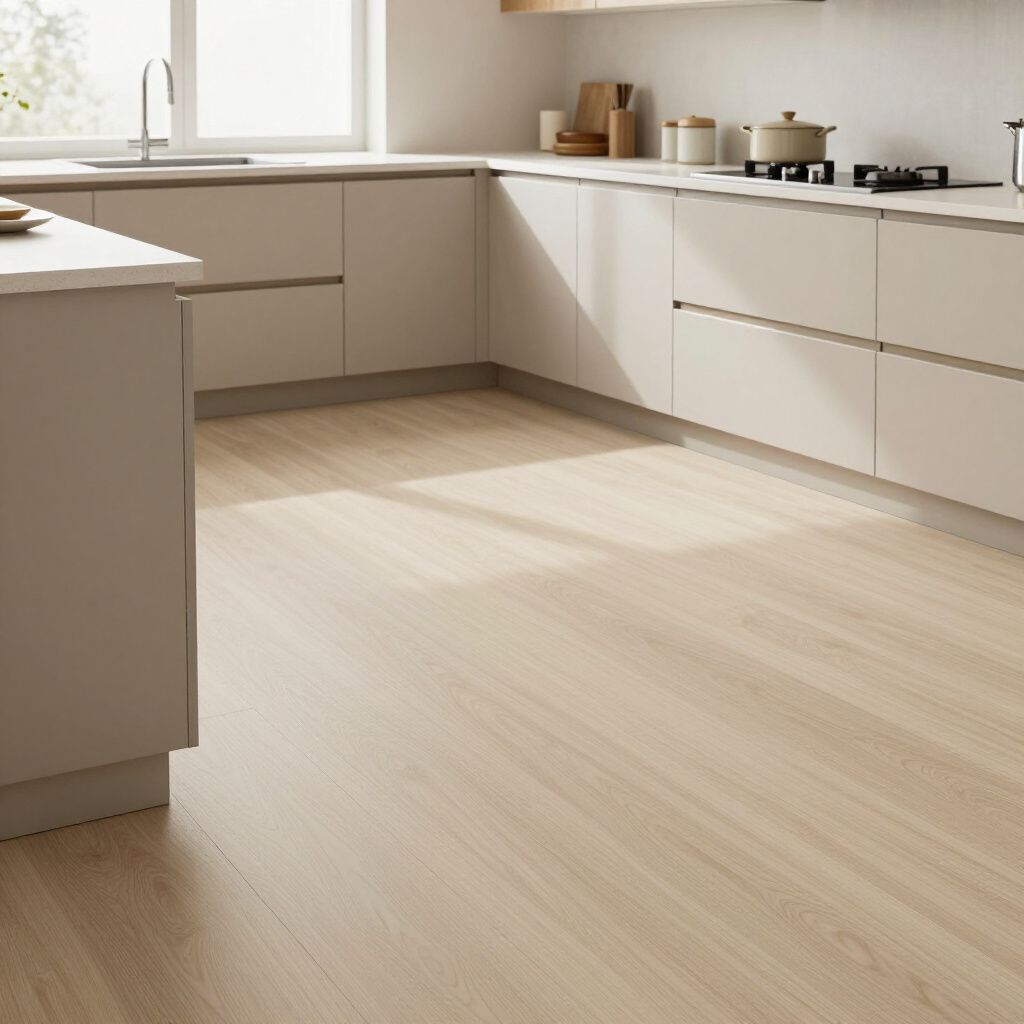 Kitchen with light wooden floors, light cabinets, and a window.