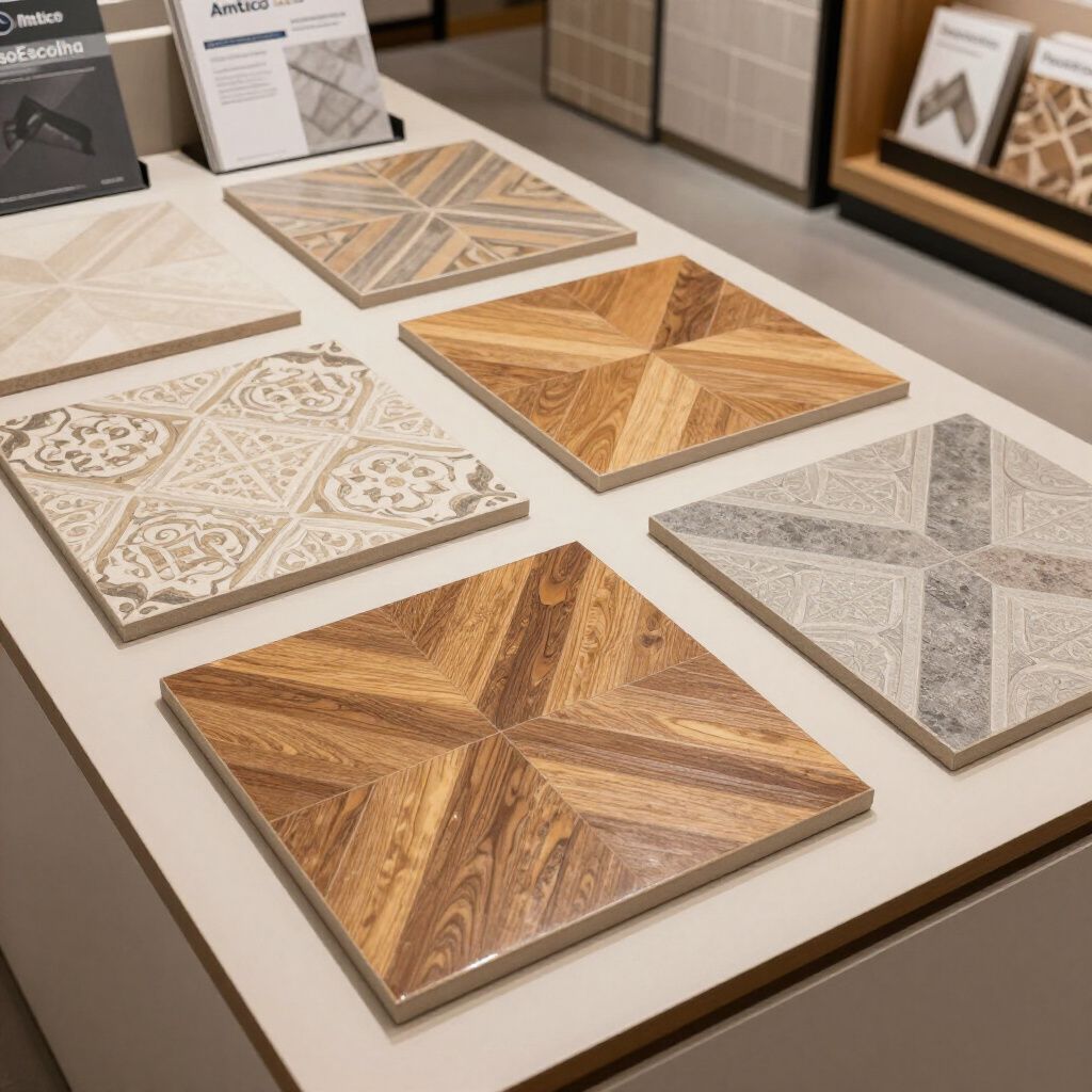 Display of square patterned tiles in a showroom. Various wood and patterned designs.