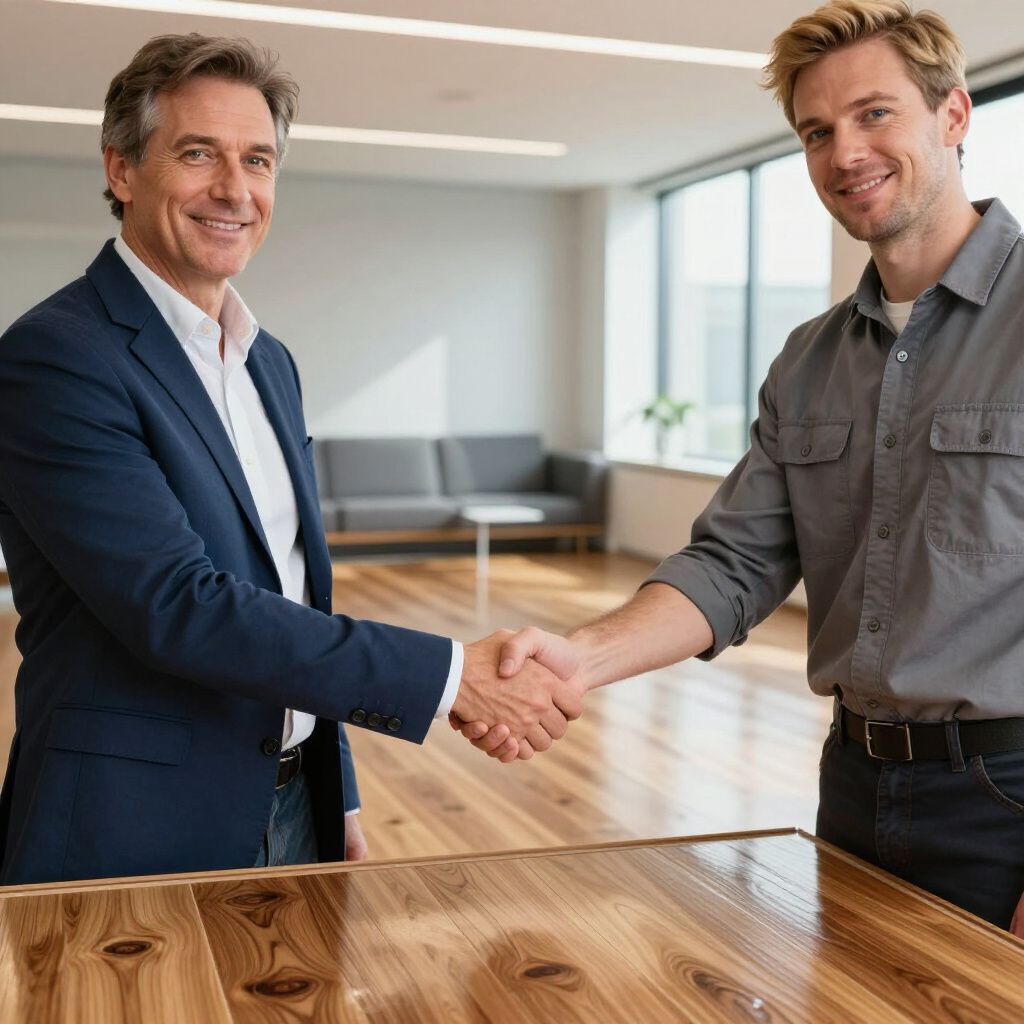 Two men shaking hands over a wooden table, smiling in an office setting.