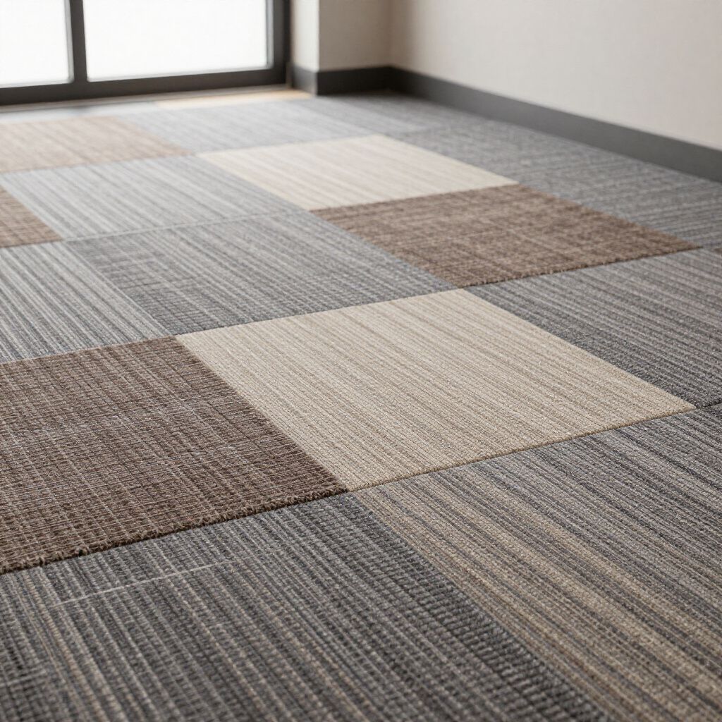Carpet tiles in various shades of brown and gray on a floor.
