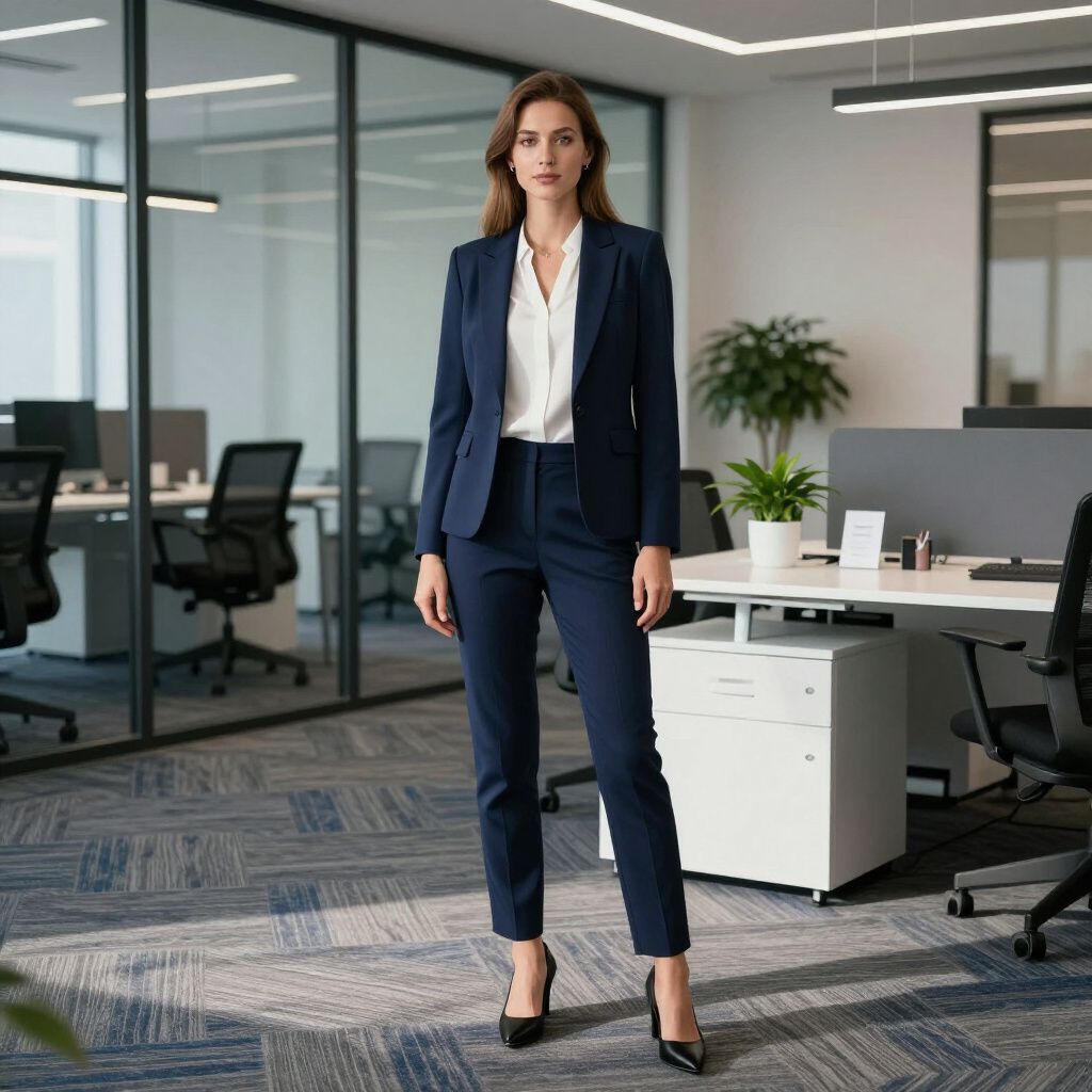 Woman in navy suit and heels stands in modern office setting.
