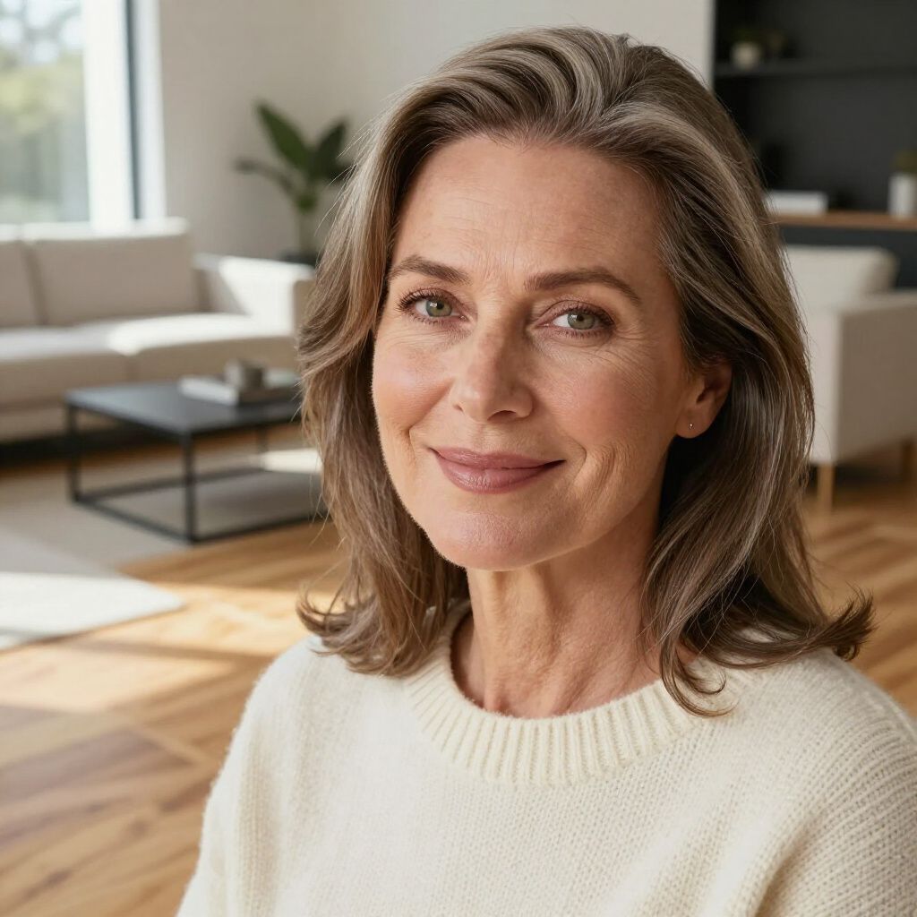 Woman with graying hair smiles, stands in a living room, wearing a cream sweater.