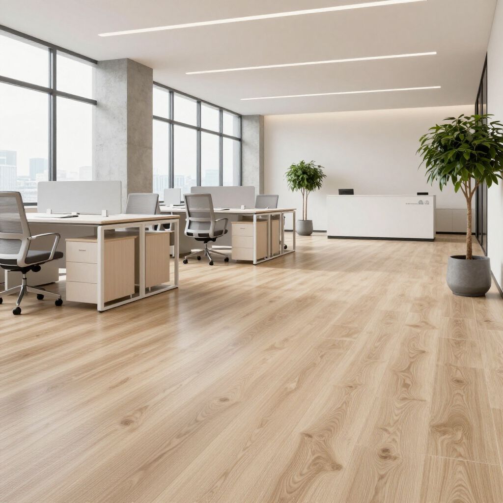 Modern office space with desks, chairs, and potted plants, natural wood flooring and large windows.